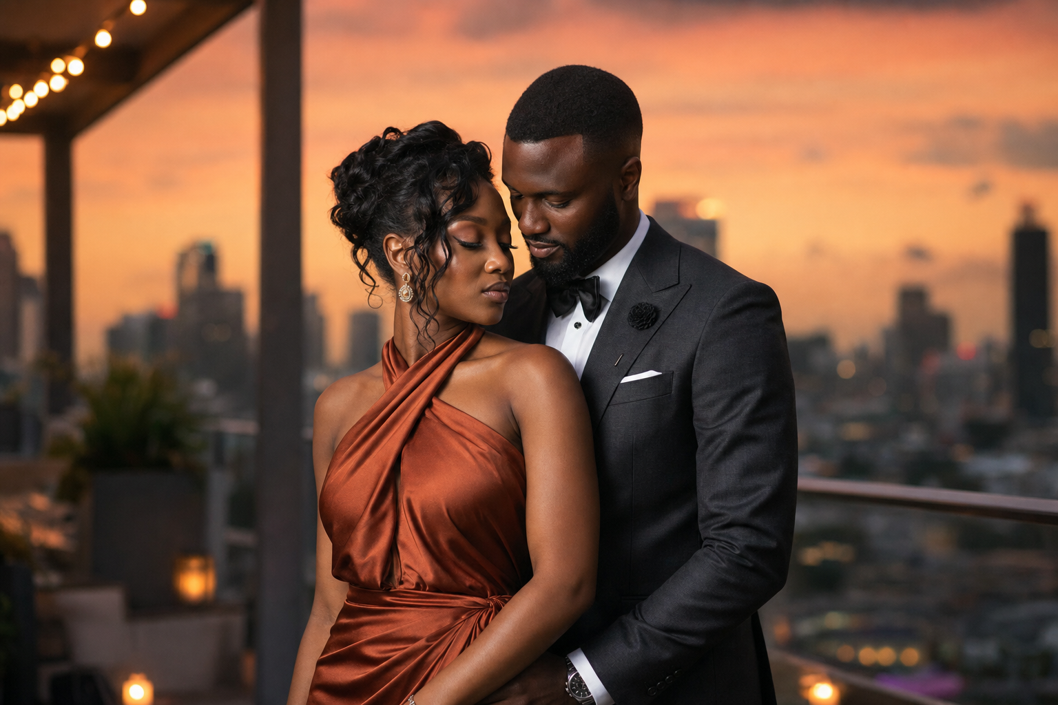 Affluent diaspora couple at sunset to anchor the Premium section.