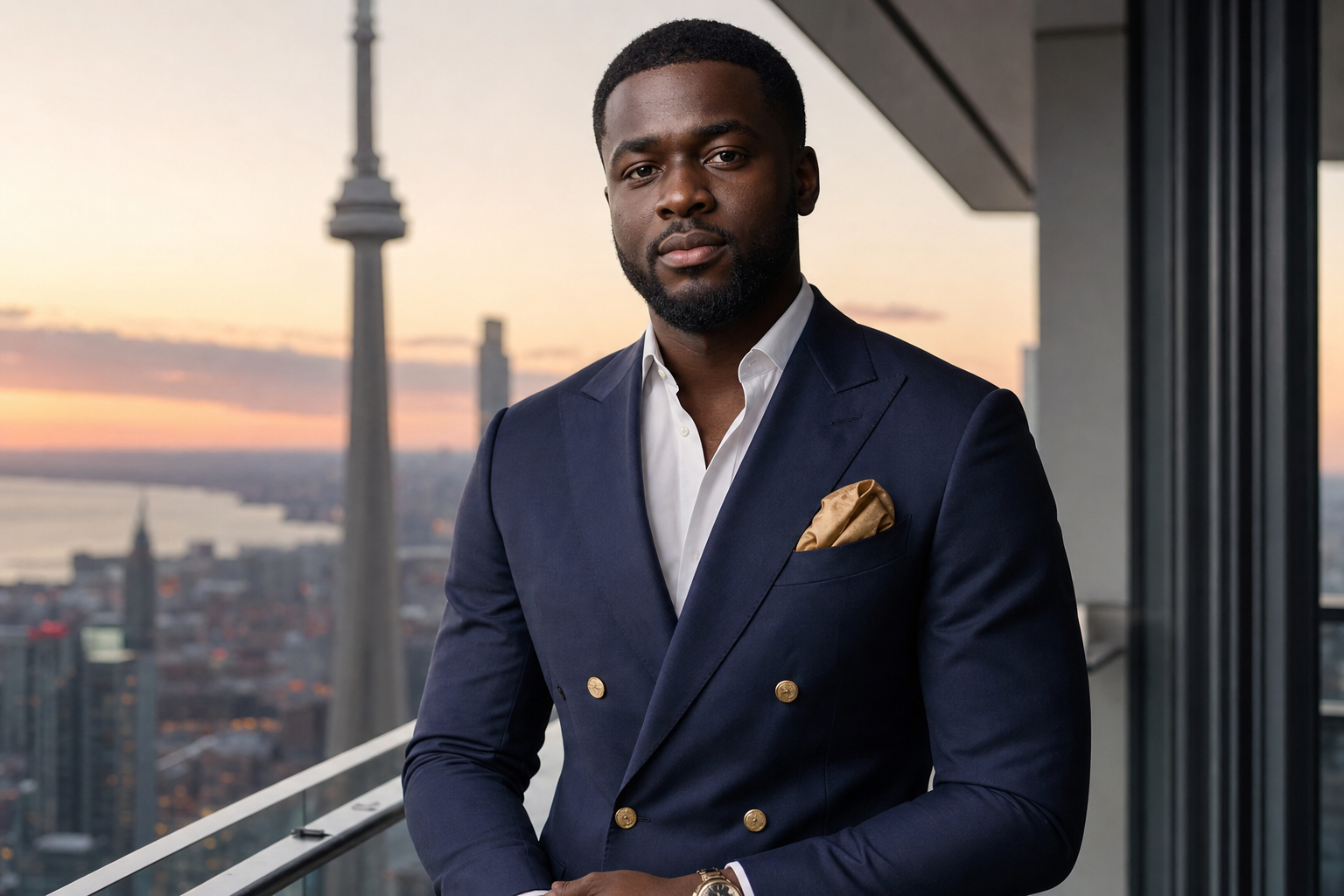Kojo, 31 — Toronto entrepreneur in a tailored navy suit at sunset.